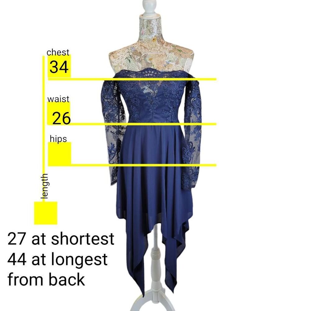Blue Lace Off Shoulder Long Sleeve Hankerchief Hem Cocktail Evening Dress - Picture 4 of 9